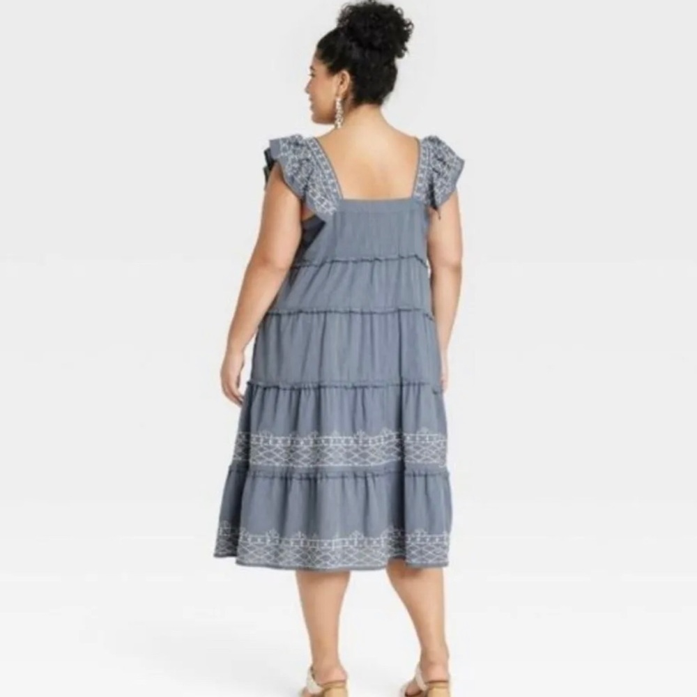 Women’s Ruffle Sleeve Embroidered Tiered Midi Dress Knox Rose Blue Size 3X - Picture 2 of 11